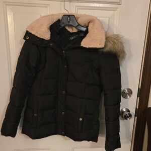 Ralph Lauren Black Puffer Jacket with Tan Fur Trim Size Petite Small